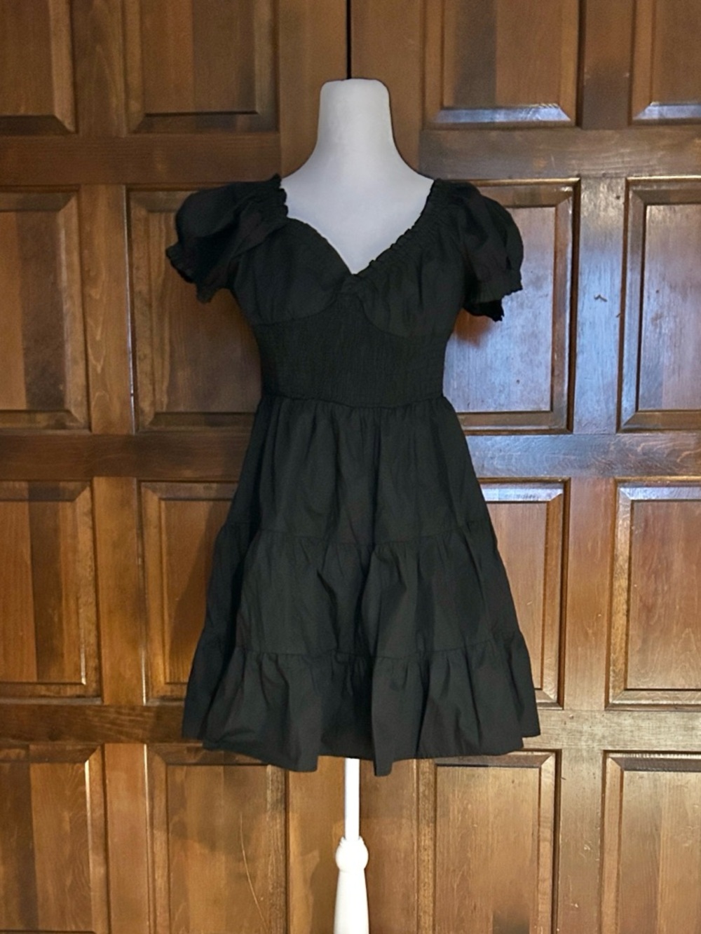 Princess Polly Black Mini Dress Size 10 Milkmaid Smocked Puff Sleeve Tiered - Picture 2 of 9